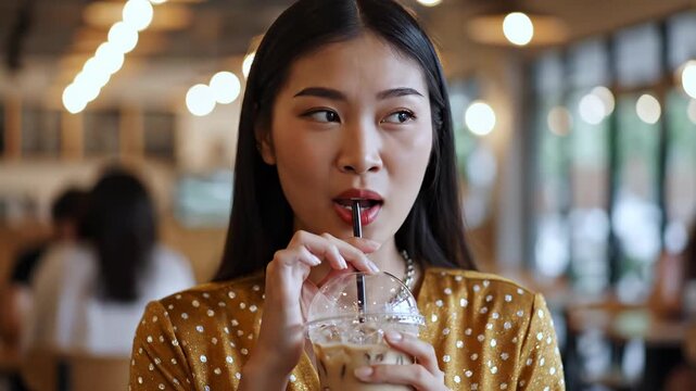 Young Asian woman with long black hair wearing a sparkly gold dress smiles while holding a plastic cup of iced coffee with a black straw in a blurry cafe interior.