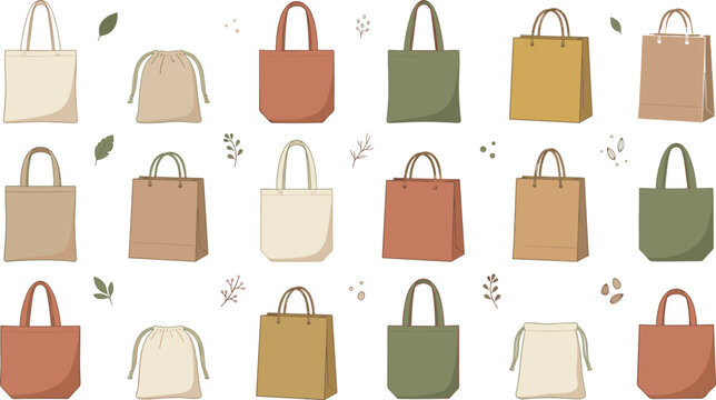 PrintEco Friendly Fabric Tote Bags and Reusable Cotton Canvas Sacks Vector Icon Set for Zero Waste Shopping Lifestyle Branding and Fashion Designs