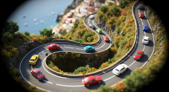 Miniature Winding Coastal Road with Colorful Cars Tilt Shift Effect