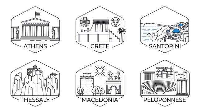 Greek travel landmark badges featuring athens crete and santorini