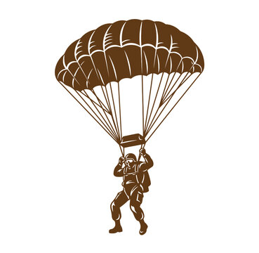 Paratrooper soldier descending with open parachute silhouette graphic paratrooper parachute airborne military skydiver aviation illustration silhouette training tactical equipment