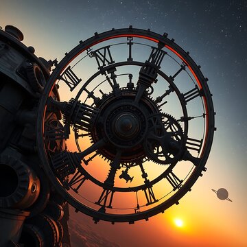 A futuristic clockwork mechanism against a sunset backdrop with a starry sky and planets.