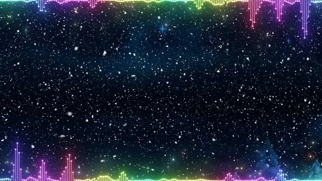 Starry sky background features vibrant rainbow audio waveform borders that create a dynamic visual frame for creative digital projects.