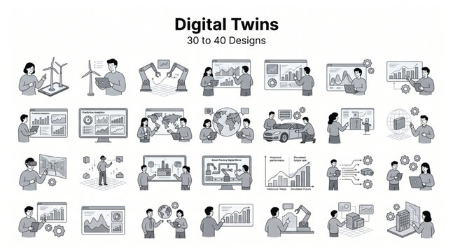 Digital twins concept set illustrating industrial automation and data analytics with technology analytics industry simulation automation manufacturing engineering software business