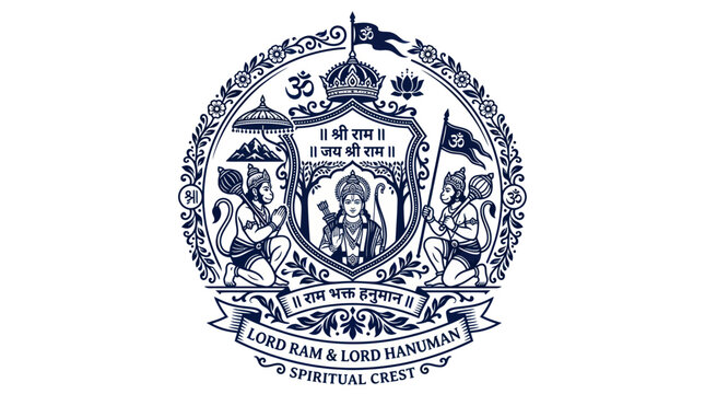 Spiritual crest featuring lord rama and hanuman with ornate borders
