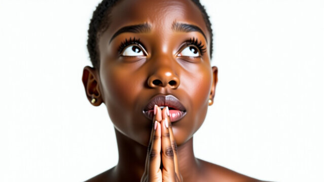 White background with copy iteration space on right side ar Young lovely female has dark