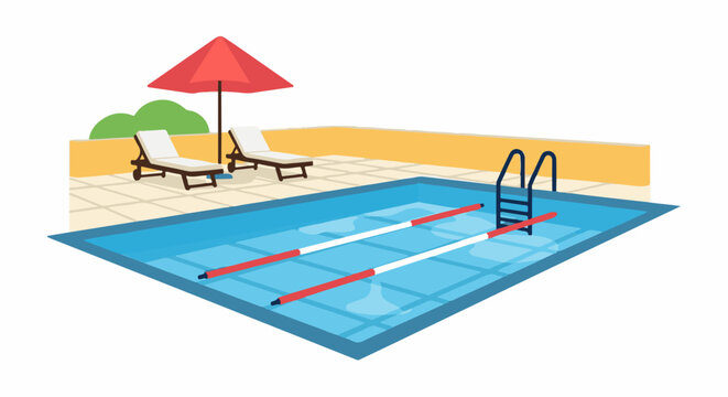 A serene poolside scene with a swimming pool, two lounge chairs, and a red umbrella