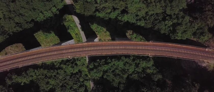 Top down view of empty railway bridge over forest