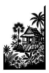 Obraz premium Tropical stilt hut silhouette with palm trees and jungle vegetation in black and white
