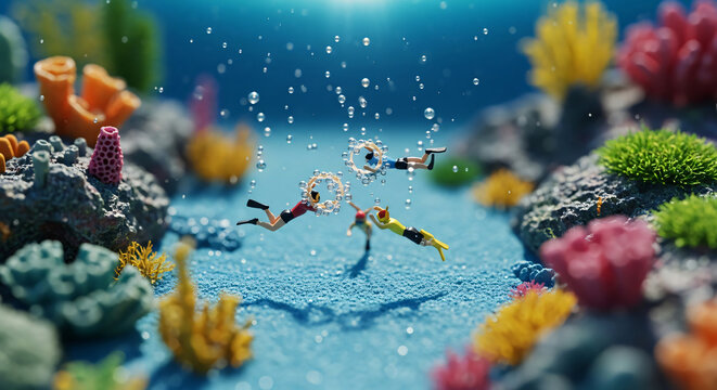 Miniature Scuba Divers Exploring Vibrant Underwater Coral Reef World