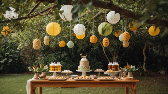 Outdoor party dessert table, colorful paper lanterns, wedding or birthday celebration with cake and treats, garden background
