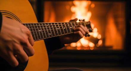 Fototapeta premium Happy friendship day acoustic guitar playing by fireplace cozy celebration