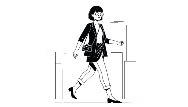 Beautiful black and white vector sketch of a young professional woman with a camera walking on stylized city street.