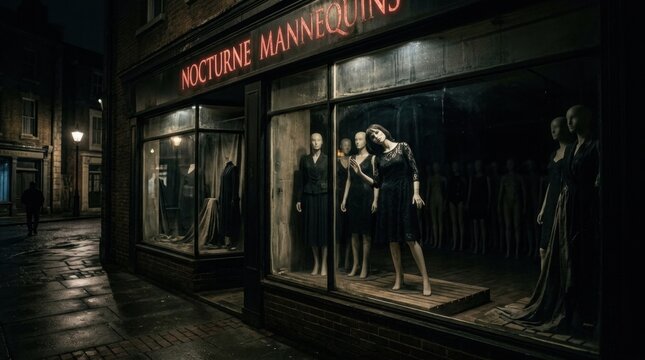 Mannequins on display in a store window at night in the city