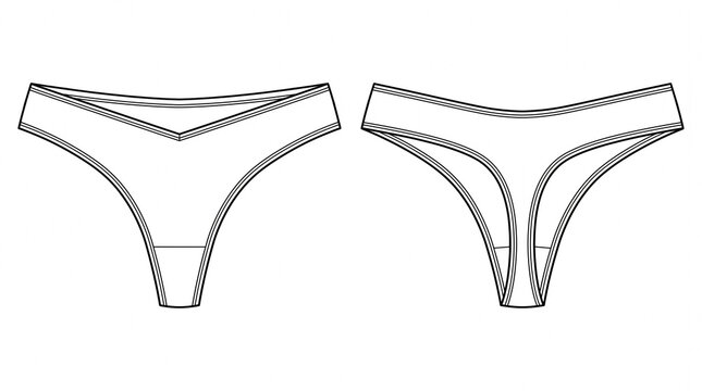 Technical flat of a seamless low-rise thong with V-front panel and bonded edges, front and back views in clean vector line art