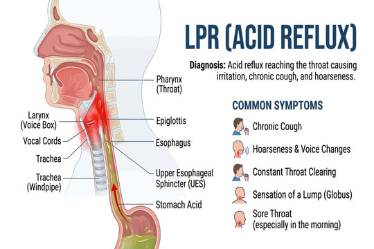 Medical illustration showing acid reflux reaching throat and causing irritation, cough, and hoarseness symptoms.