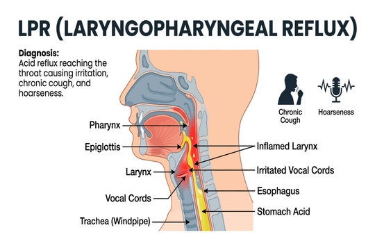 Medical illustration showing acid reflux reaching throat and causing irritation, cough, and hoarseness symptoms.