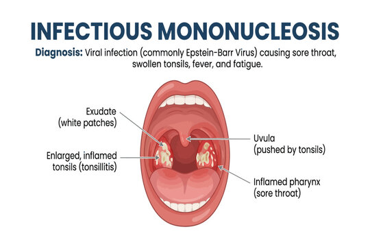 Medical illustration showing throat anatomy and symptoms of infectious mononucleosis caused by Epstein-Barr virus.