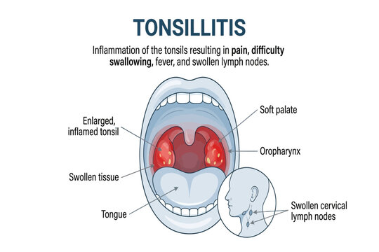 Medical illustration showing inflamed tonsils and symptoms of tonsillitis with labeled anatomy diagram.