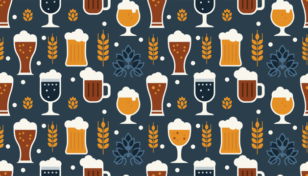 Beautiful seamless repeating pattern of draft beers, mugs, wheat, and hops on a dark blue background wallpaper.