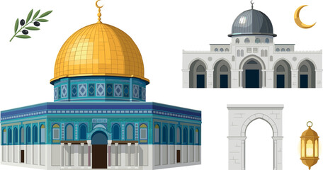 Fototapeta premium Dome of the Rock and Al Aqsa Mosque Vector Set with Islamic Arch Lantern Olive Branch and Crescent Moon Elements for Palestine Landmark Designs
