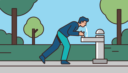 Fototapeta premium Active man bends down to drink refreshing water from a public fountain during a walk in a green city park.