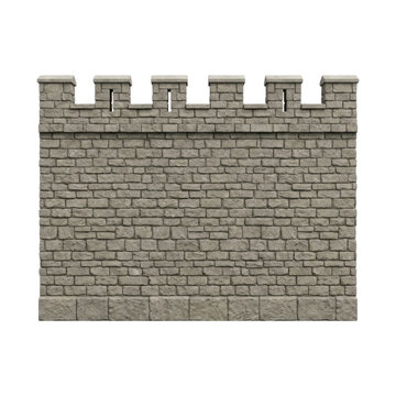 A segment of a stone castle wall featuring battlements and a textured brickwork pattern, isolated on a transparent background.