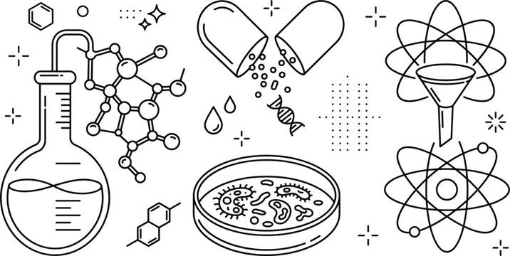 Chemistry science laboratory line icon set with flask capsule pill petri dish bacteria atom molecule and biotechnology research