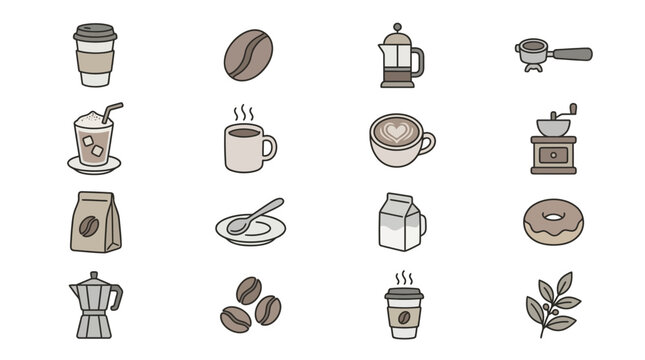 Coffee Icons: Beans, Mugs, French Press, Grinder, Donut, Latte Art, Bag, Moka Pot