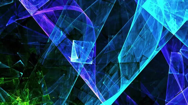 A geometric fractal visualization resembling overlapping layers of transparent glass or crystal. Dominated by a blend of intense neon colors like electric blue, cyan, purple, 