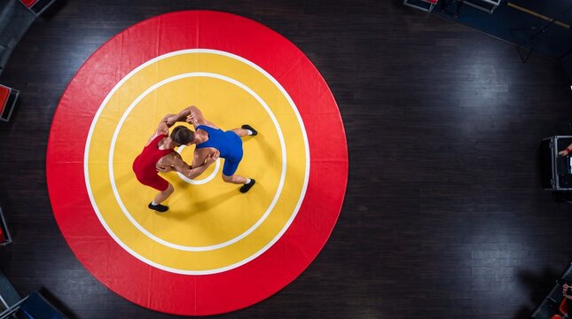High angle view of two male wrestlers competing on a round mat during a match in a sports arena