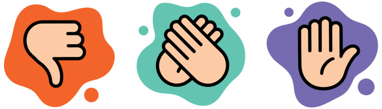 Cartoon hand gestures set with thumbs down, clapping hands, and open palm stop sign isolated on white