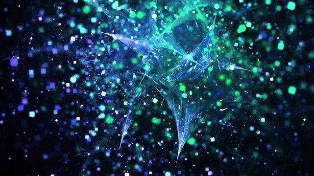 An abstract background with dynamic and futuristic 3D fractal visuals. It features a swirl of sharp, crystal-like or star-like structures in the center that emit sparkling blue, green, and turquoise.