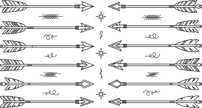 Decorative hand drawn boho archery arrow line icon set with feathers tribal native linear vector illustration graphic bundle