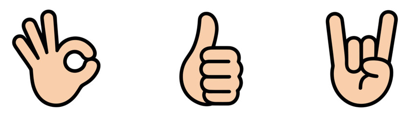 Fototapeta premium Hand Gesture Icons Collection with OK Sign Thumbs Up and Rock Hand Symbols Vector Set