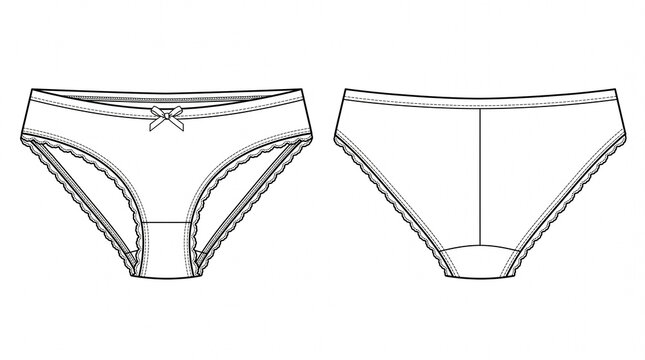 Technical flat of a low-rise bikini panty with front bow detail and scalloped lace edge, front and back views in clean vector line art
