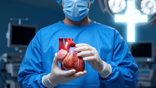 Medical professional holding a model of a human heart in an operating room.