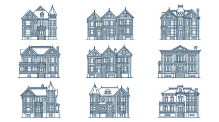 Victorian architectural house facades in blue line art style © Entus