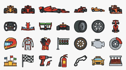 Naklejka premium Industrial Flat Set of Racing Car Components Gear Safety Tools and Track Elements in Red Black Gray and Orange