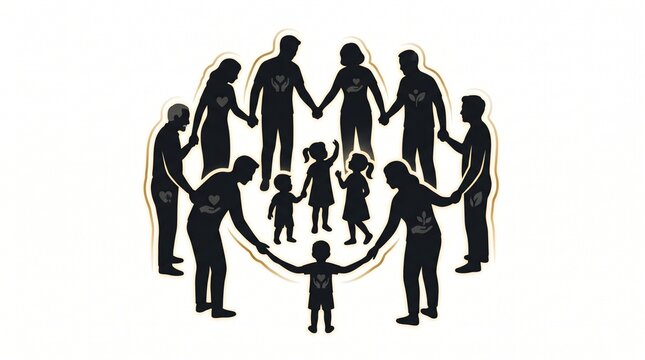 Community unity silhouette showing people holding hands in circle with community