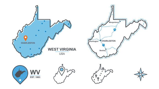 West virginia state map set with major cities and highway routes