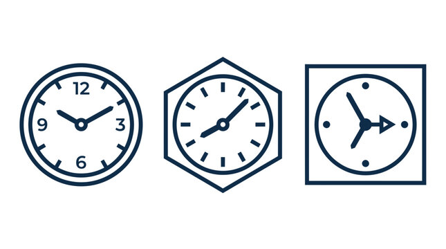 Set of geometric clock icons with circle hexagon and square frames