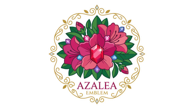 Azalea floral emblem with ruby gemstone and golden filigree frame