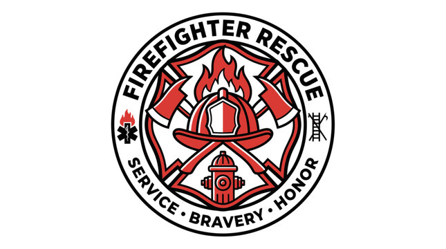 Firefighter rescue service emblem with helmet and crossed axes