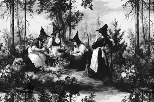 Vintage Witch Gathering in Forest Cooking Over Fire &ndash; AI Generative