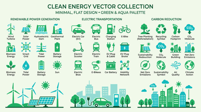 Clean Energy Icons, Vector Collection, Renewable Power, Sustainability Symbols