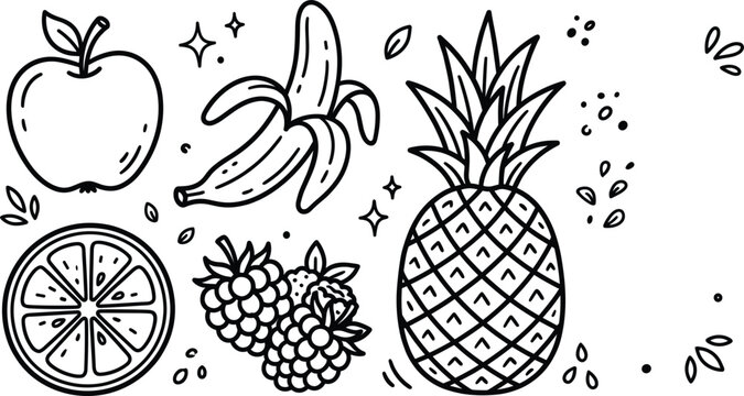 Fresh organic tropical fruit line icon set with apple banana pineapple orange raspberry doodle linear vector illustration collection