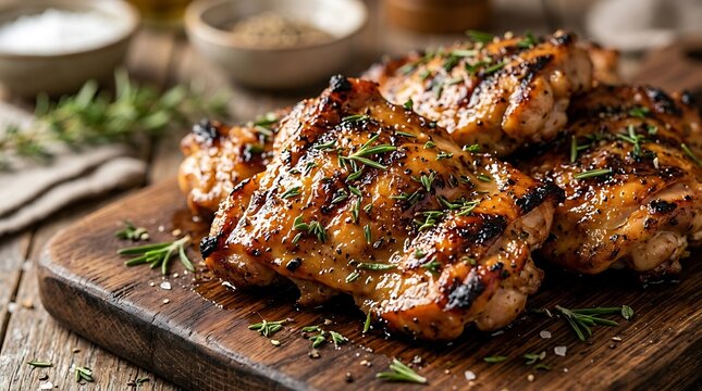 Grilled chicken thighs on wooden cutting board with herbs and spices