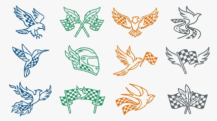 Fototapeta premium Professional Icons Set of Eagles Birds Helmets and Checkered Flags in Blue Green Orange and Gray