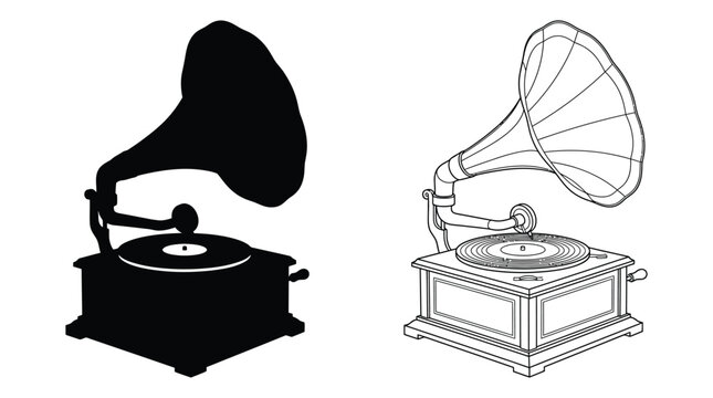 Gramophone Illustration With Black Silhouette And Line Art Versions